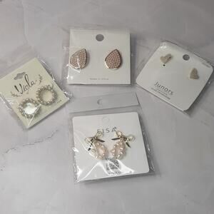 Four Pair Tiny Pearl Bead and Gold Tone Earrings